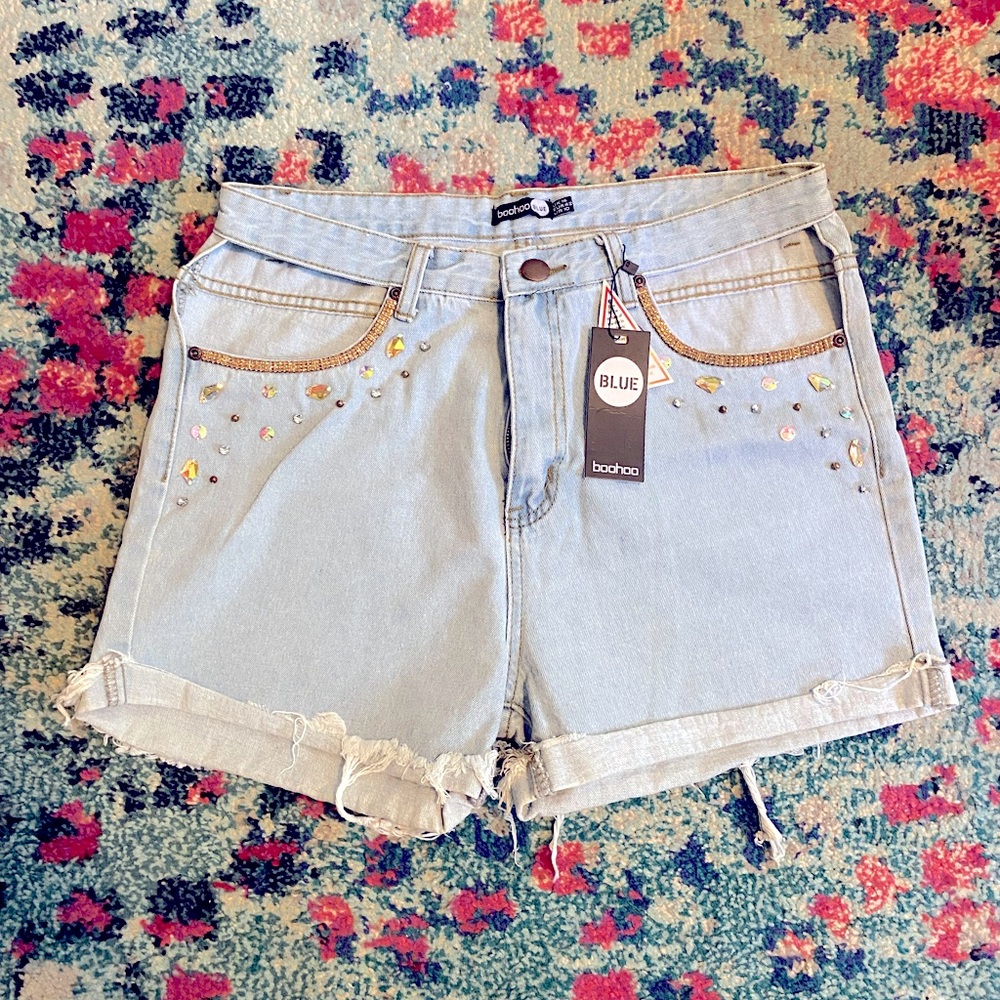 Boohoo Distressed Jean Shorts Rhinestone Pockets NEW Size 10